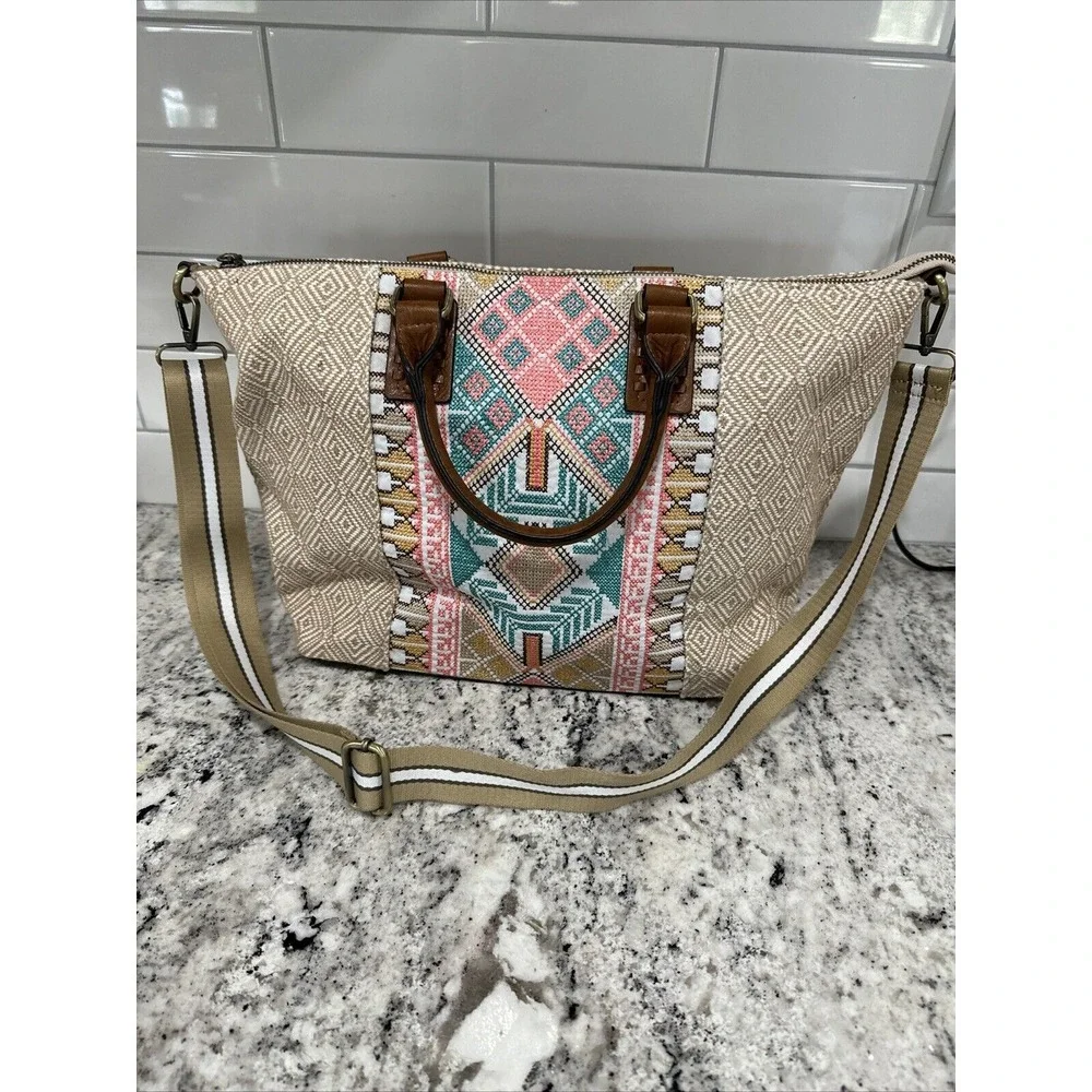 Jen & Co JoJo Satchel Aztec Woven Printed Handbag w/Vegan Leather Trim